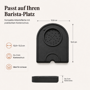 Produktmaße der kompakten Cofez Tampermatte aus Silikon mit Abmessungen von 12,8 mal 13,2 Zentimetern