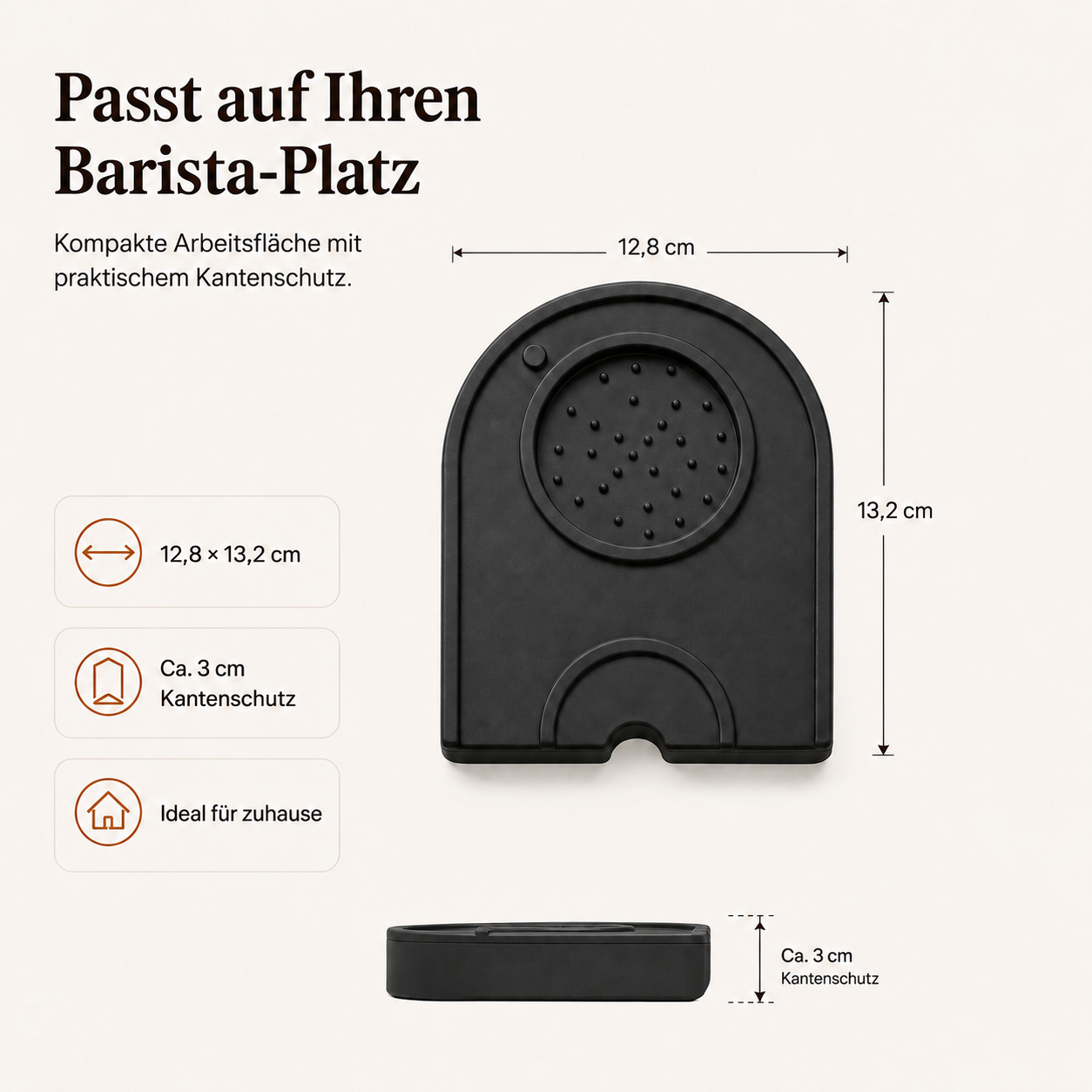 Produktmaße der kompakten Cofez Tampermatte aus Silikon mit Abmessungen von 12,8 mal 13,2 Zentimetern