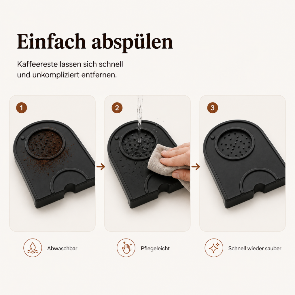 Pflegeleichte und spülmaschinengeeignete Kaffee-Tampermatte aus flexiblem, lebensmittelechtem Silikon