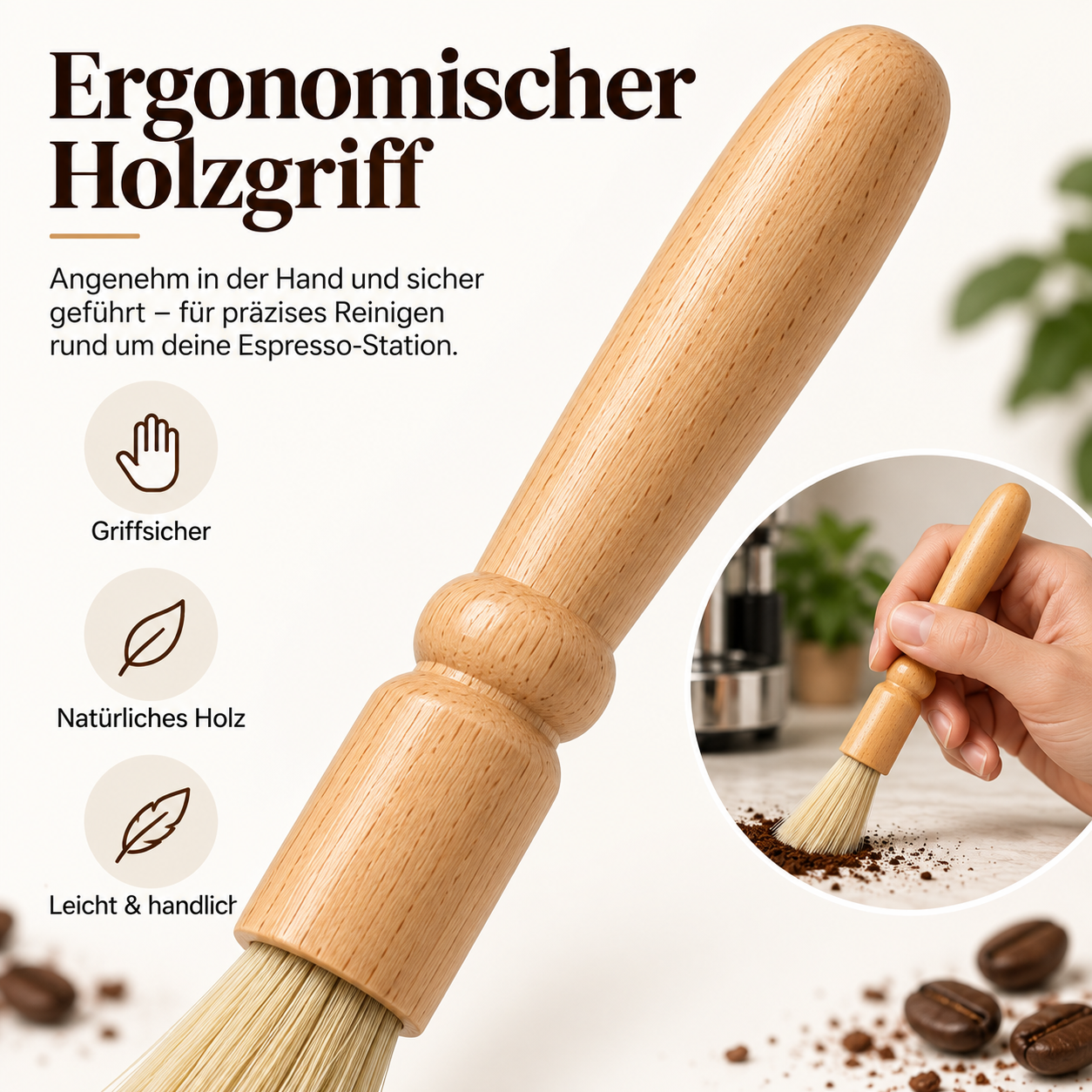 Kaffeepinsel mit Naturborsten und Holzgriff